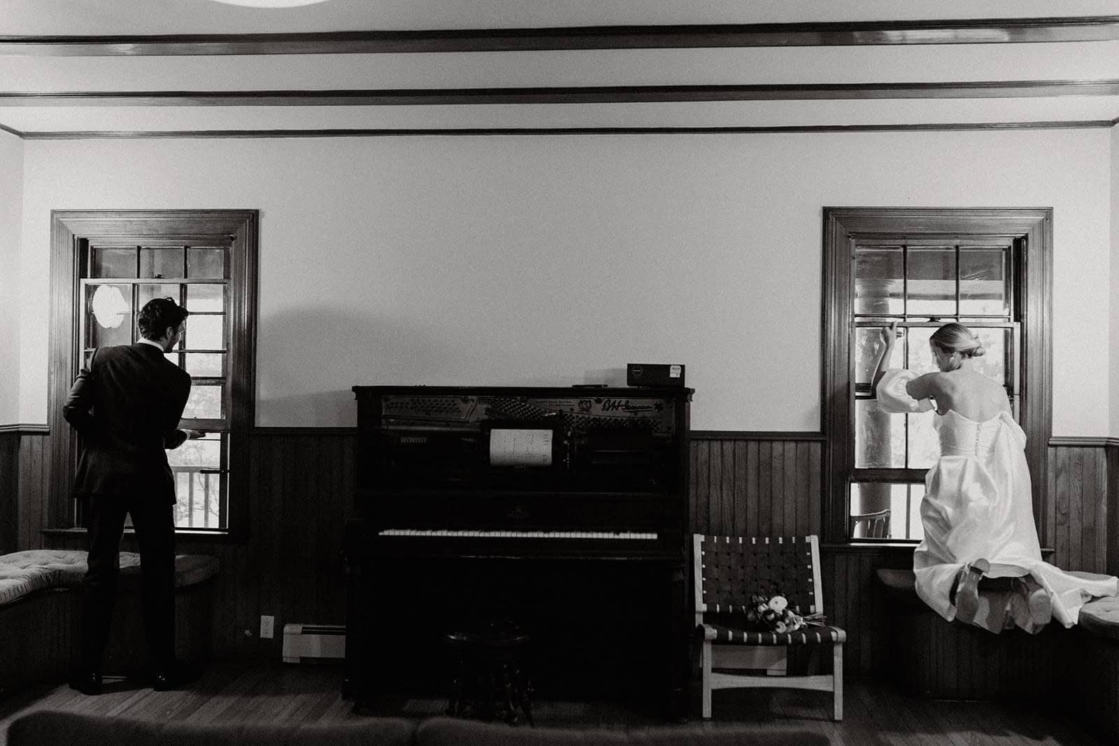 Black and white photo of bride and groom in formal Minnesota venue