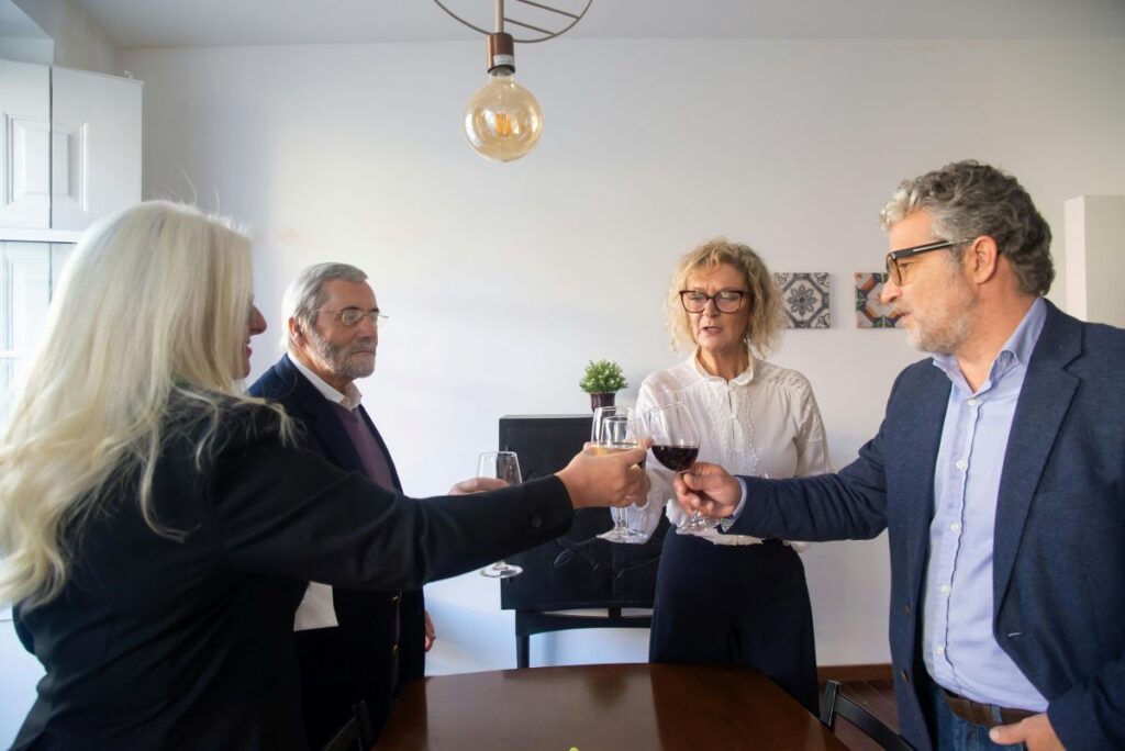 colleagues toasting in a conference room