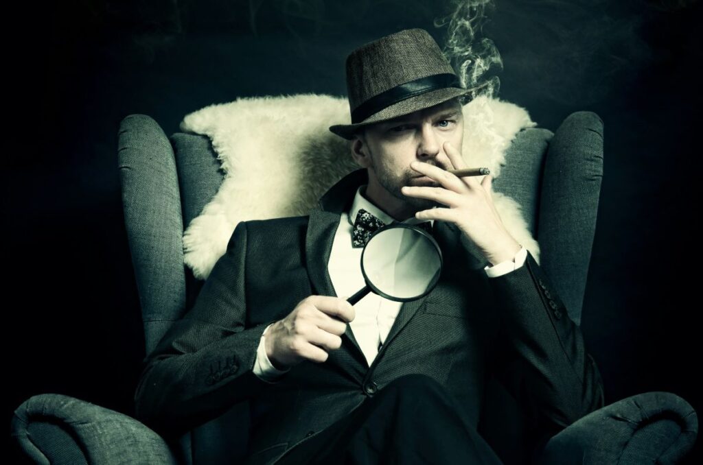 a retro-style detective in arm chair smoking